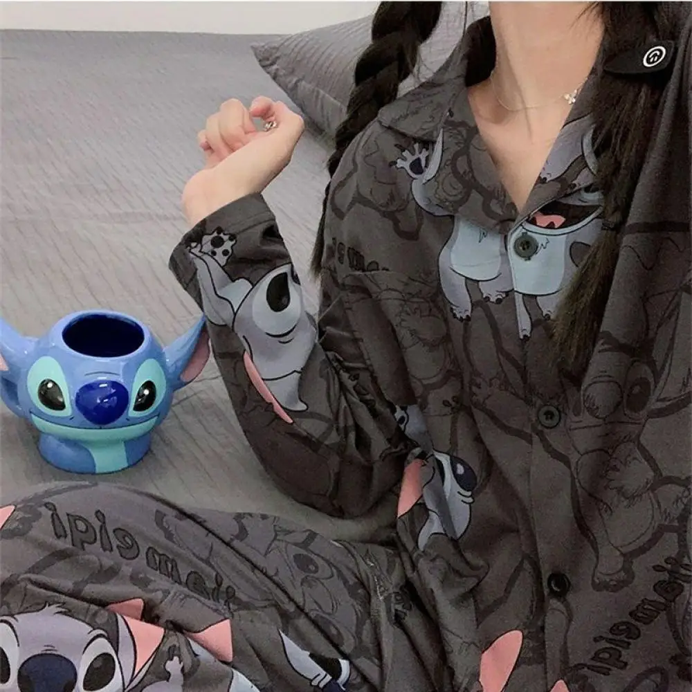 Kawaii Stitch Cartoon Printed Women Pajamas Set Comfort Viscose Full Sleeve Homewear Ladies Tender Casual Wear for Spring