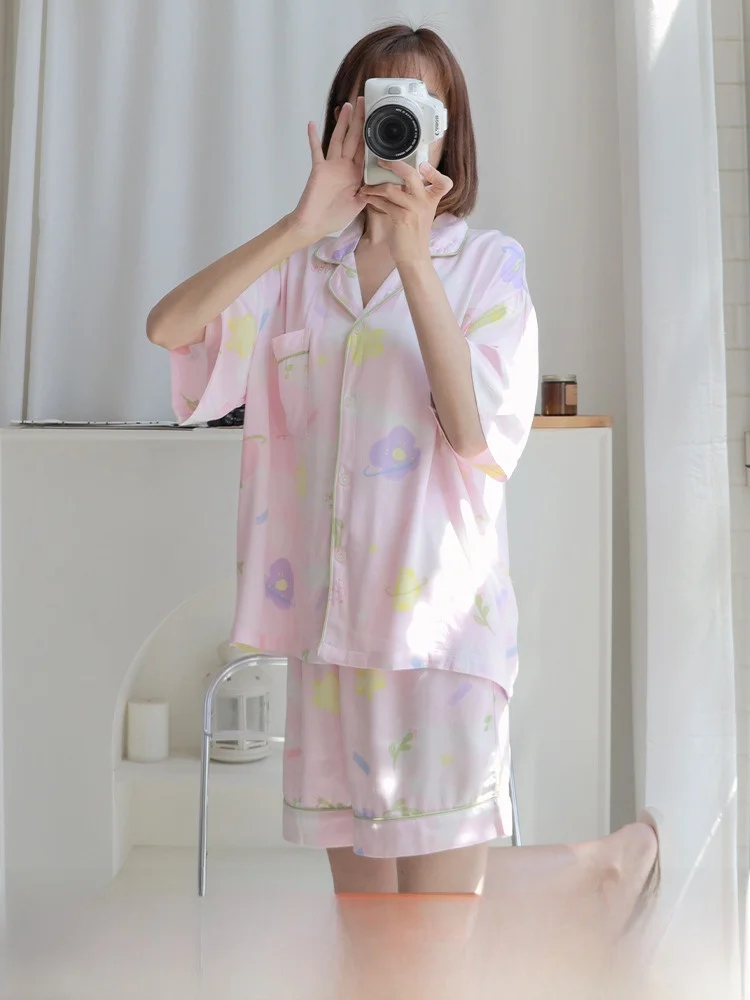 甘い夢サテン綿パジャマ女性夏半袖ショーツルーズ薄いホーム服セット花柄快適なパジャマ