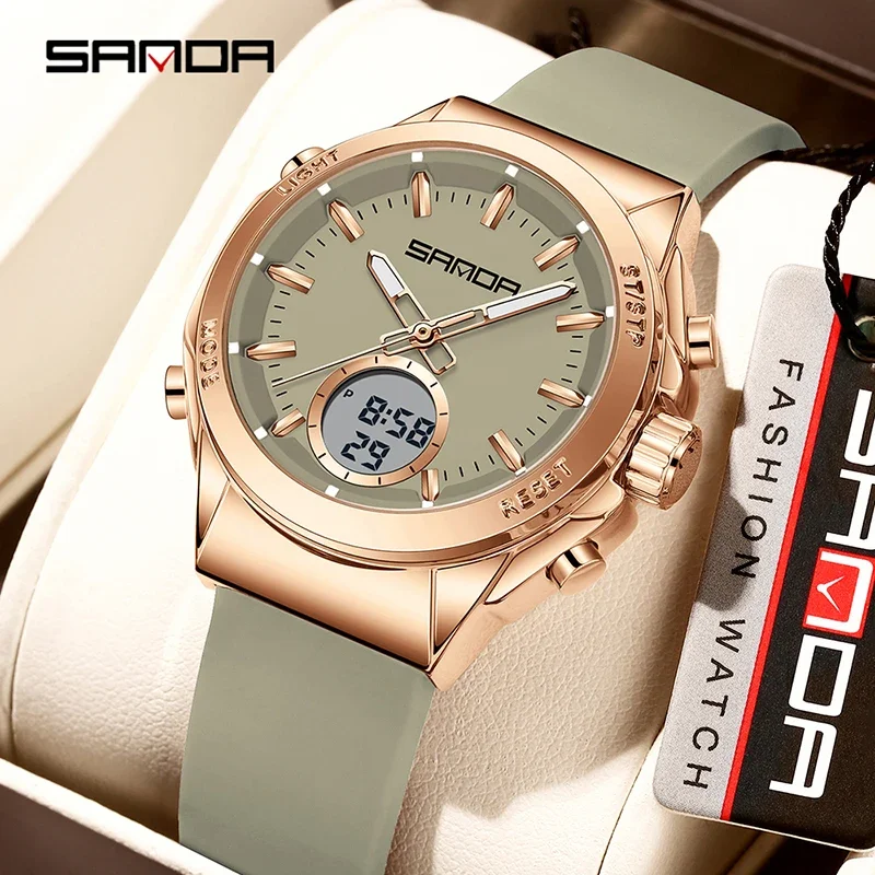 SANDA Fashion Casual Wild Woman's Watch LED Night Light Waterproof Digital Display Electronic Quartz Silicone Strap Girl's Watch
