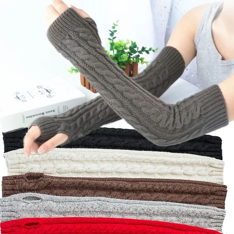 Women Knitted Long Fingerless Arm Warmers Gloves Fashion Arm Sleeve Hand Warmer Casual Half Black Over Elbow Punk Gothic Mittens
