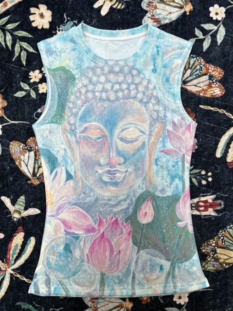 Vintage Design 2000s Buddha Lotus Flower Print Boho Sleeveless Tank Tops Women Clothes Summer Grunge Y2k Aesthetic Gyaru Vest
