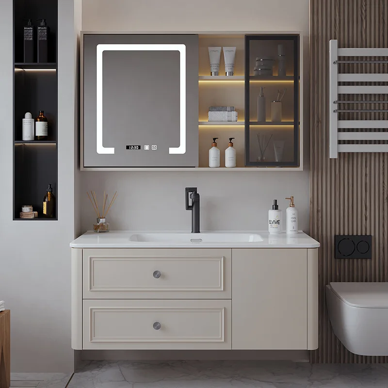 New rubber wood door panel hand wash face wash basin cabinet bathroom cabinet ceramic integrated basin