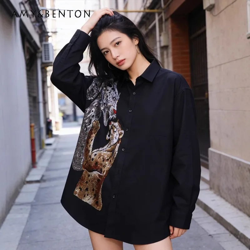 

Новинка: Стильная модная блузка с леопардовым принтом и стразами, элегантная, средней длины, уникального дизайна, свободного кроя, повседневная, для женщин