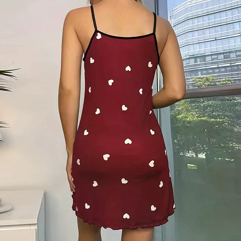 

New Fashionable Red Heart Printed Suspender Nightgown For Women At Home