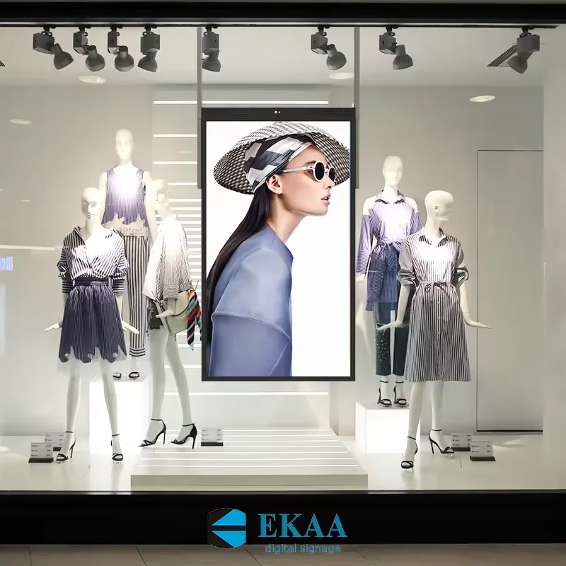 EKAA Double Side Digital Signage High Brightness Shop Retail Window Advertising Screen 55in Ceiling Lcd Window Facing Display