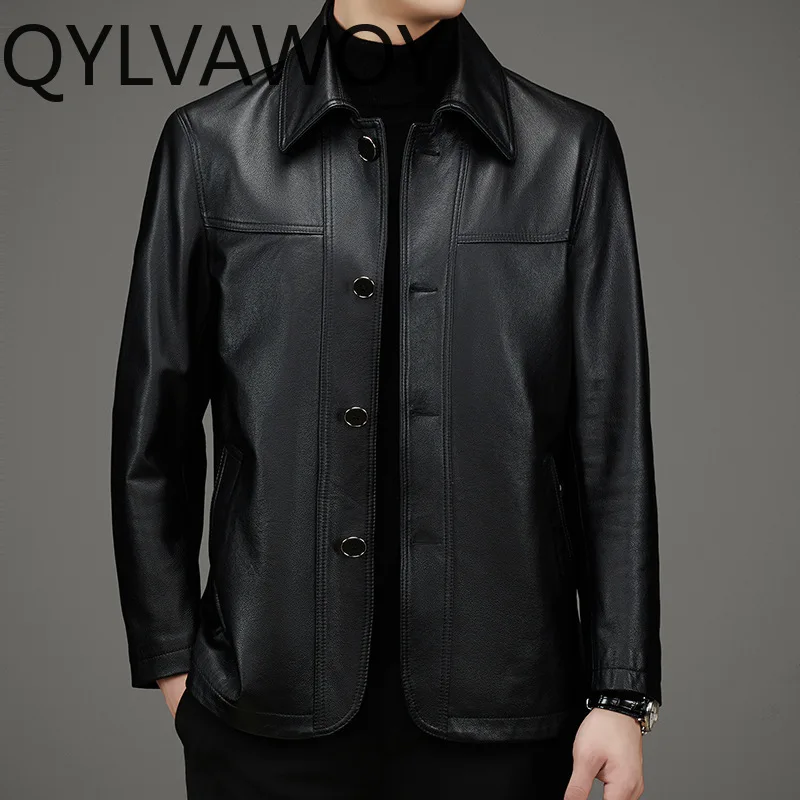 QYLVAWOY 100% Real Cowhide Genuine Leather Jacket Men High-end Spring Autumn Fashion Natural Cow Leather Coat Casual Casacos