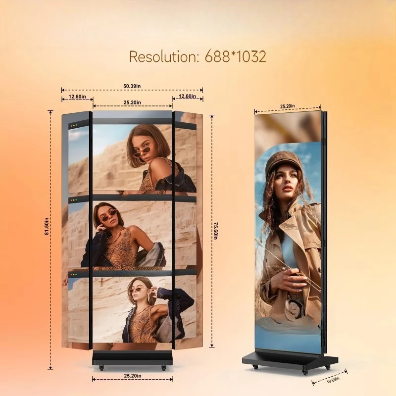 MWE Slim Bezel P1.86 Indoor Tri-fold LED Mirror Poster Screen 1280mm Width Large-Scale Advertising Display Hotel Lobby 1Yr