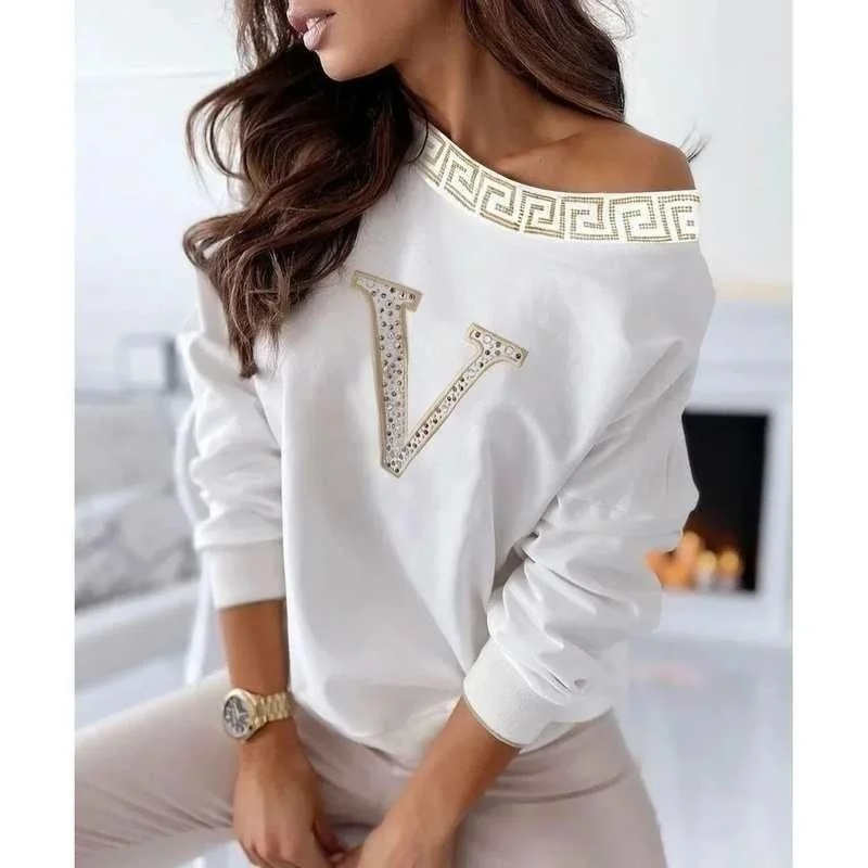 

Casual Women's Rhinestone Letter V Pattern Batwing Top Cleanfit Sle ort Sve Thin Fabric Polyester A-line Sve