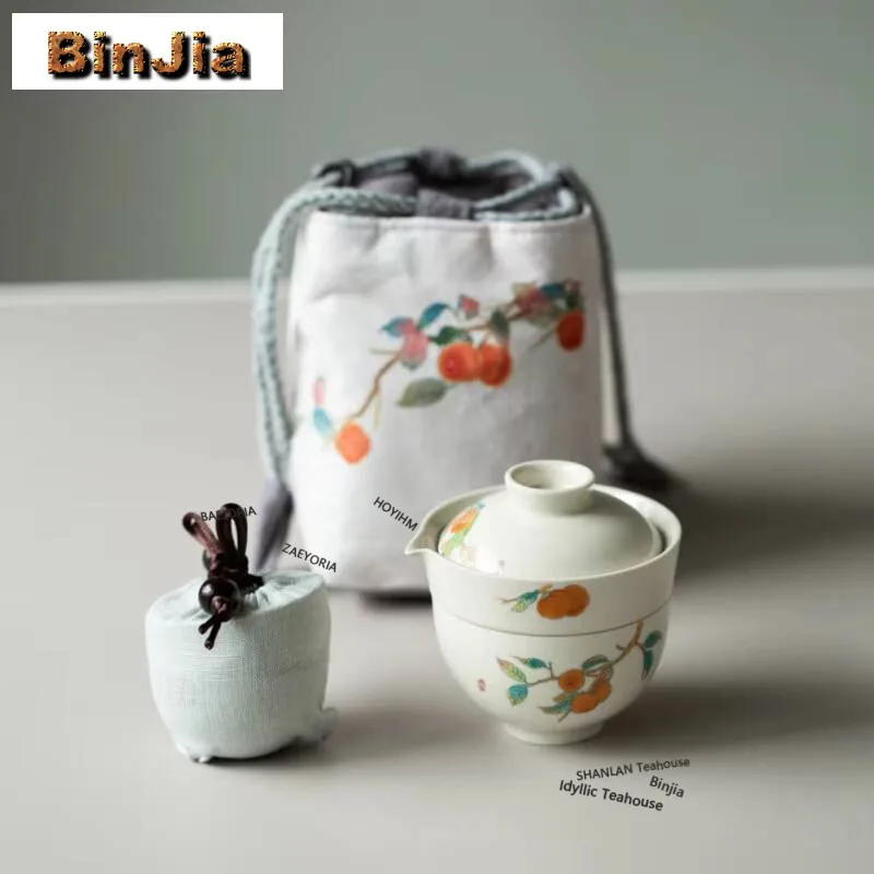 Hand Painted Persimmon Plant Ash Travel Tea Set Kit Handmade 1 Pot 2 Cups Tea Maker Organizer Portable Camping Stock Bags Gift