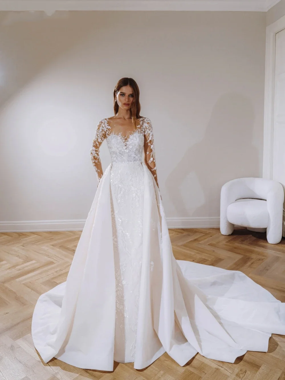 

Flavinke Customized Detachable Train Mermaid Wedding Dresses Long Sleeve Robe Exquisite Sequin Bead Bridal Gown Robe De Mariée