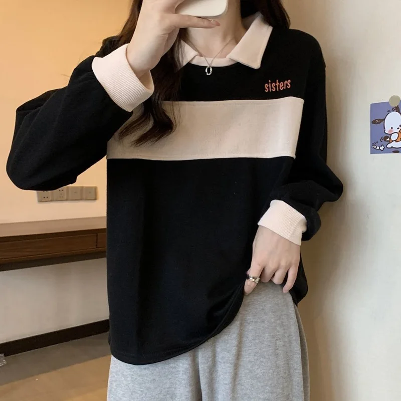 Fashion Embroidery Contrasting Colors Patchwork T-shirt Womne New Classic Polo Collar Long Sleeve Loose Preppy Style Top 2022