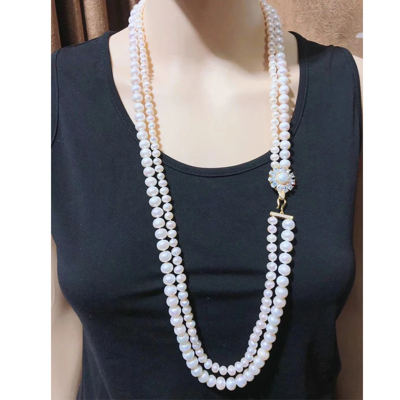 

Real Double Long Pearl Necklace For Women,Two Rows Freshwater Pearl Necklace Sweater Chain Wife Mother's Day Gift