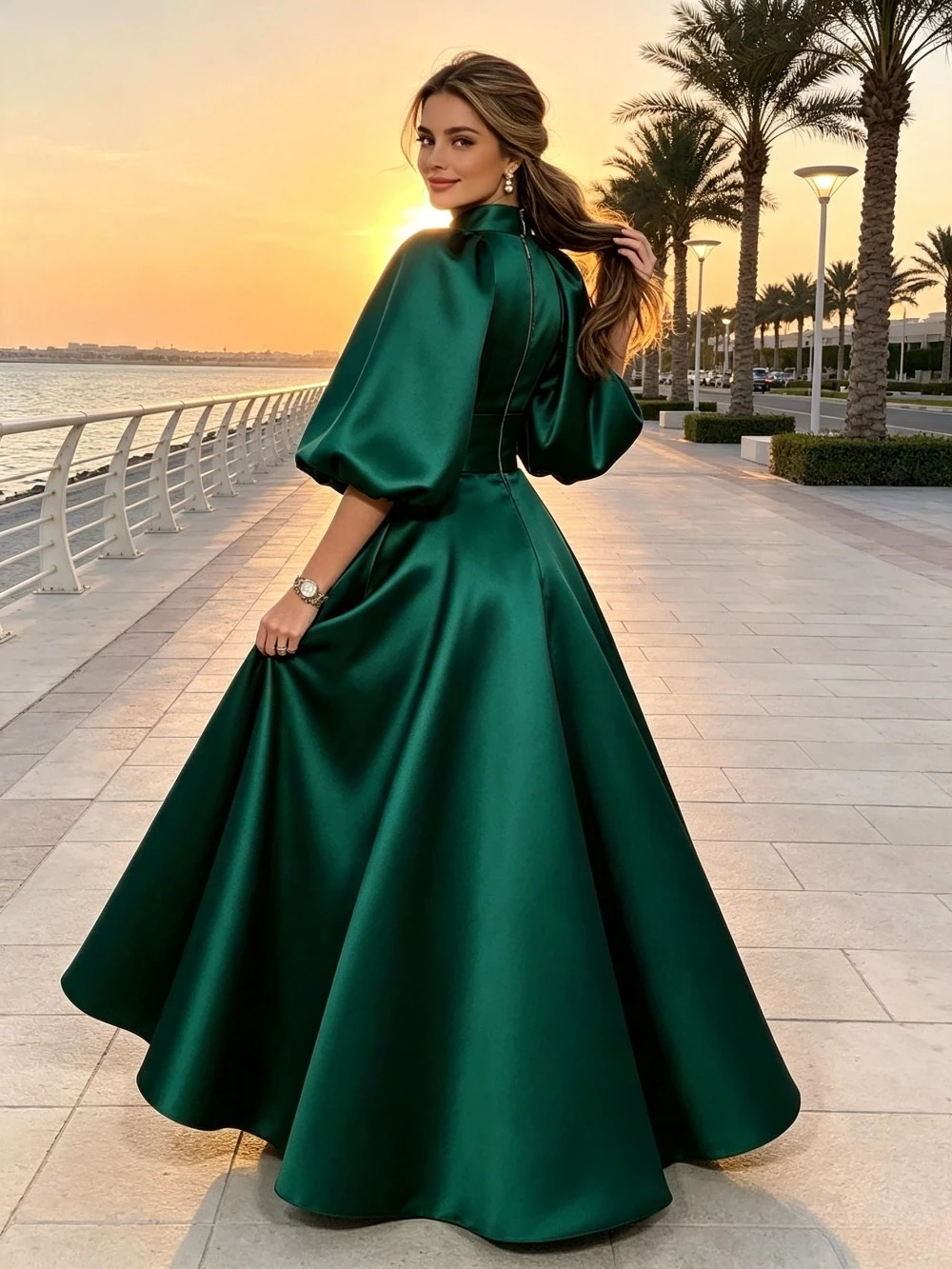 Customized Green Satin Pleated A-line Evening Dress 2026 High Neck Cinched Waist Fluffy Sleeve Ball Gown Suitable for Banquets