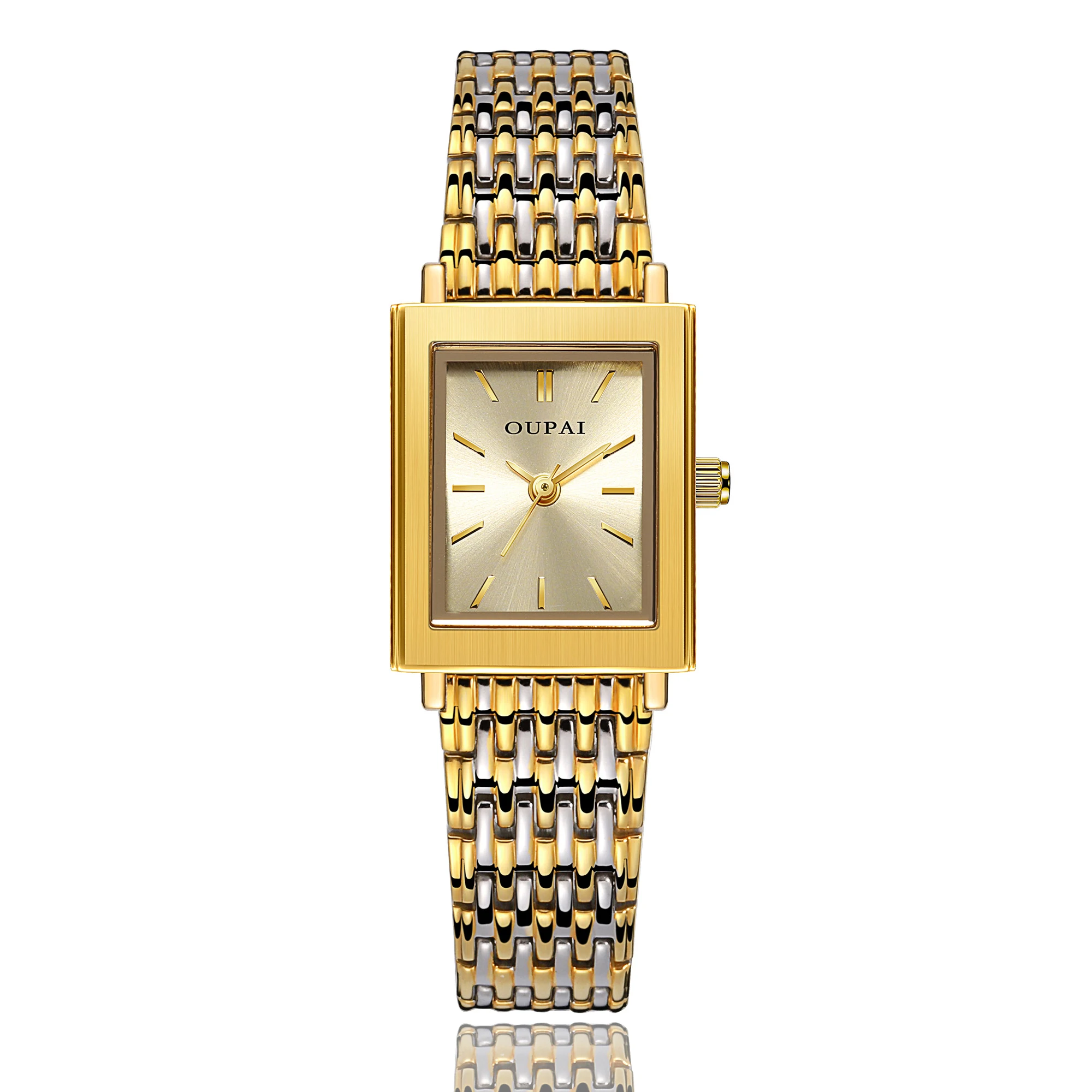 Oupai прямоугольные женские часы с кварцевым механизмом, золотой материал из нержавеющей стали, изысканные модные и простые женские наручные часы