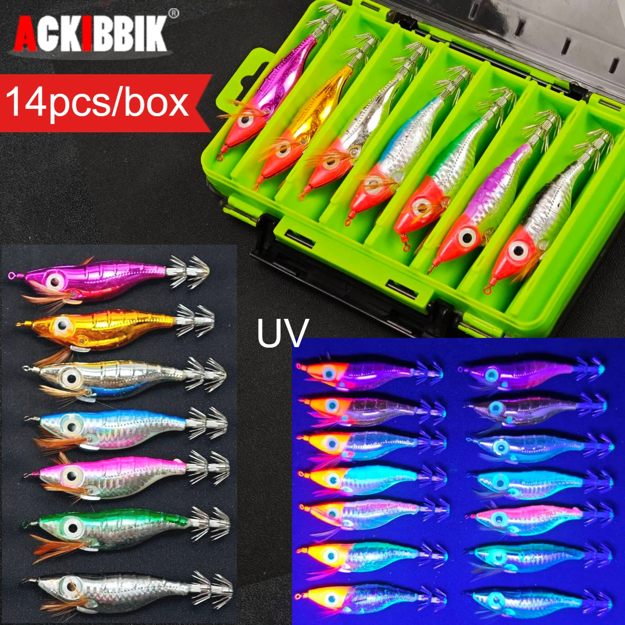 

Набор из 14 светящихся горизонтальных приманок для кальмаров с коробкой для снастей, 10 см, для морской рыбалки, приманка для креветок, осьминогов и каракатиц, с УФ-защитой
