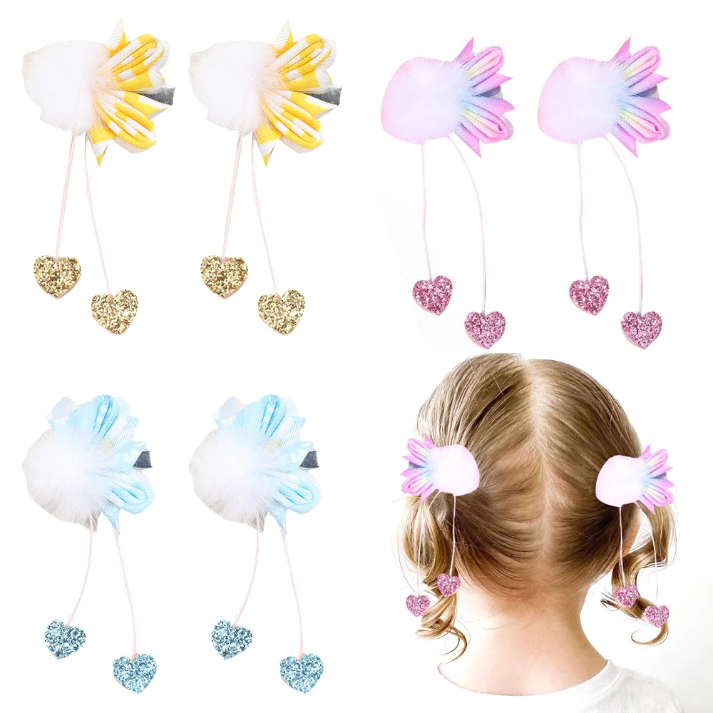 White Plush Ball Hairpins New Rainbow Stamen Hairpins for Girls Hanging Rope Love Barrettes Children Cute Hair Accessories 2pcs