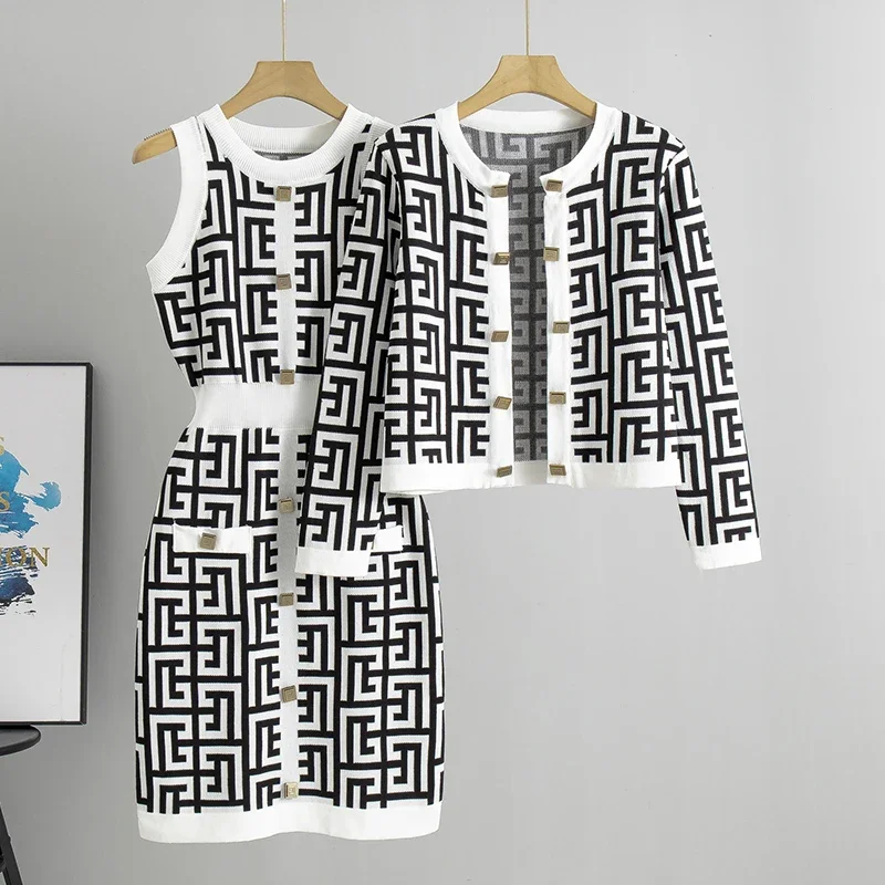 Women Suit Knitted Sweaters and Dress Two Pieces Set 2024 New Spring Autumn Elegant Casual Knitwear Cardigans Jumpers Pull Femme