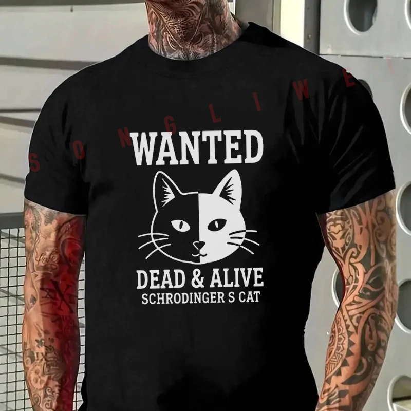T-shirt de moto imprimé chat de Schrödinger Wanted Dead&alive pour homme, streetwear hip-hop, mode décontractée unisexe, hauts à manches courtes