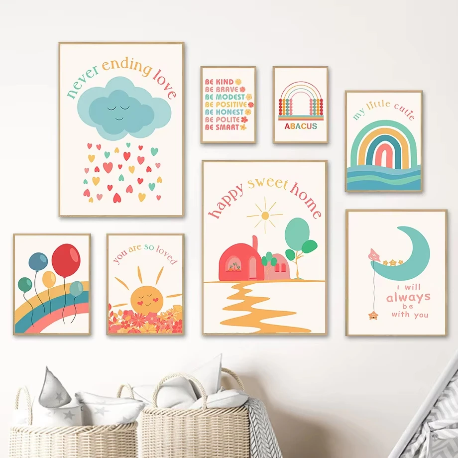 Rainbow Clouds Sun Moon Balloon House Quotes Wall Art Posters and Prints Canvas Paintings Nordic Children's Room Decoration