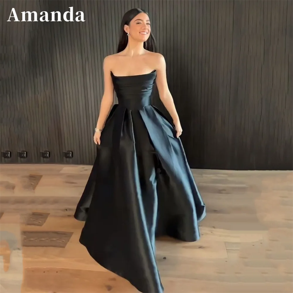 Amanda gaun malam elegan tanpa tali gaun pesta Prom A-line Puffy Satin seksi gaun pesta tanpa lengan 2023 Dress رvisc semi