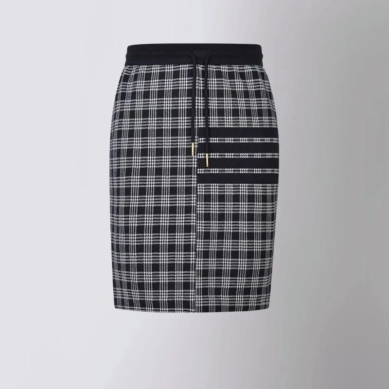 TB THOM Women's Short Skirts Plaid Pattern 4-Bar Striped Business Bag Hip Skirt Fashion Casual High Waist Sports Mini Skirts