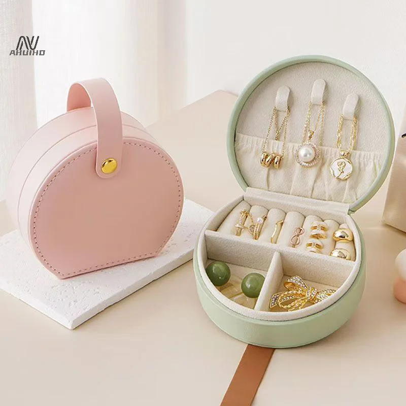 Mini PU Jewelry Organizer Display Travel Jewelry Case Earrings Necklace Ring Portable Handbag Jewelry Box Round Leather Storage