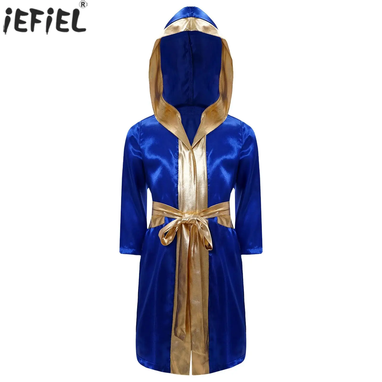 Kids Boys Boxing Robe Boxer Cosplay Costume Long Sleeve Open Front Hooded Cloak with Belt for Kickboxing Workout Sports Fitness