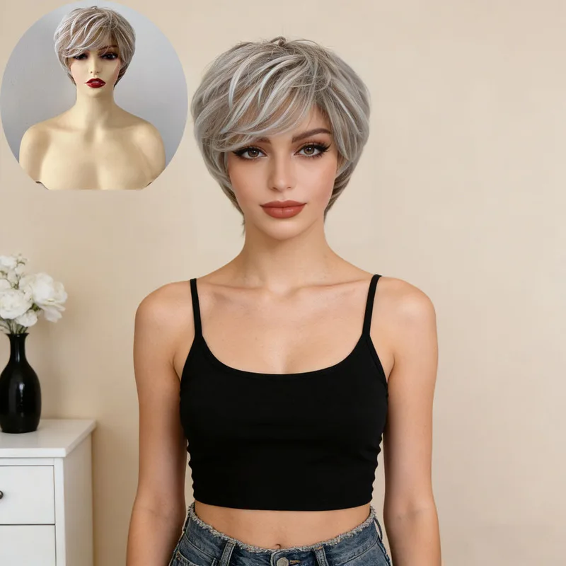 Light Blonde Short Hair Slanted Bangs Woman Wig Daily Wear High Temperature Silk Chemical Fiber Head-Wearing Wig