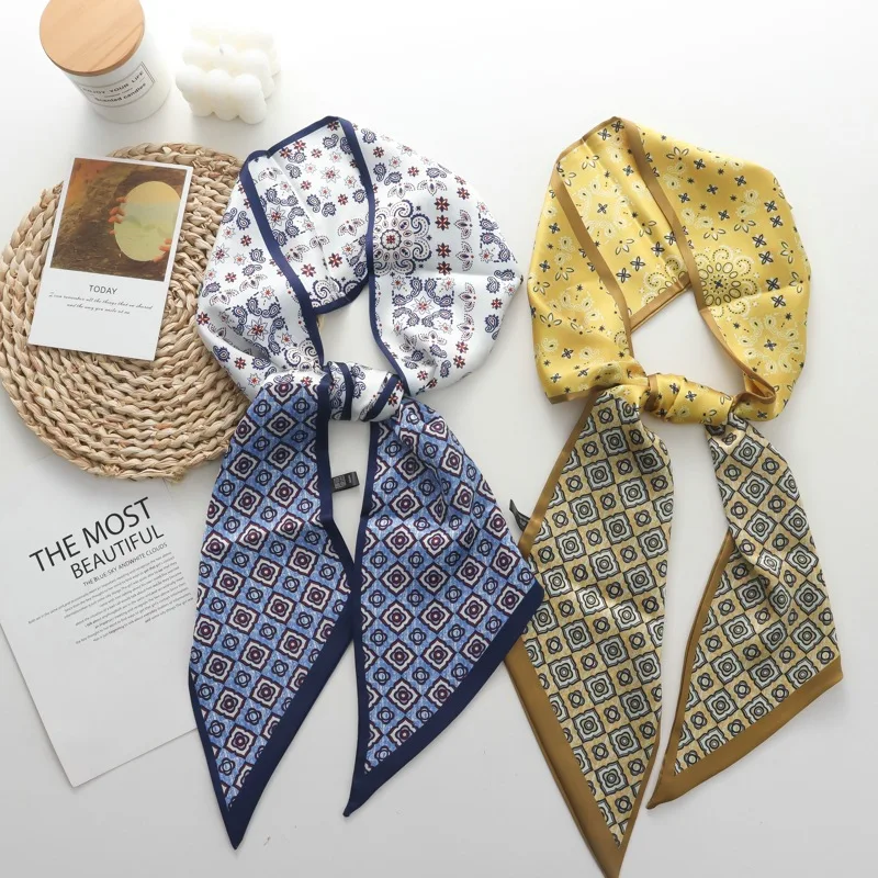 2025 New Spring and Autumn Two-Color Retro Strip Small Silk Scarf Outer Western Assembly Shirt Professional Scarf Thin Scarf