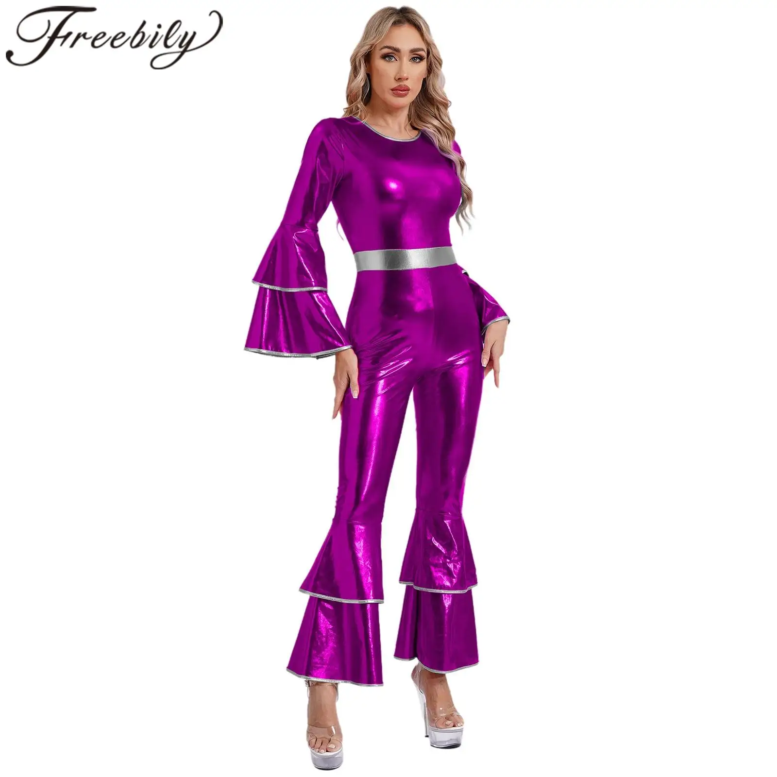 

Women's Jumpsuit 70S Disco Hippie Costume Vintage Flares Metallic Bodysuit Jazz Dance Festival Carnival Rave Party Clubwear