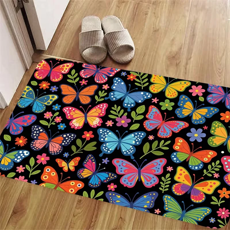 Bright Multicolor Butterfly Wildflower Doormat Black Background Vibrant Insect Floral Print Non Slip Front Door Mat For Entryway
