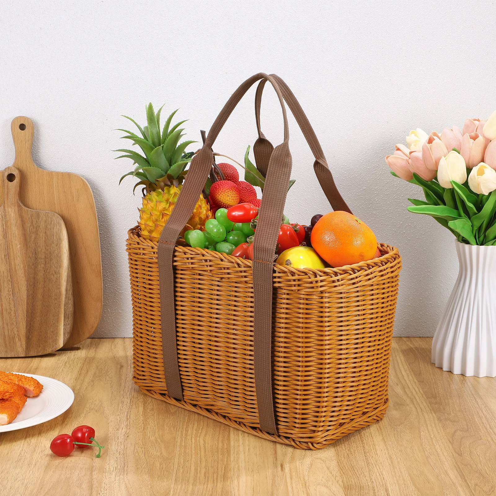 

Rattan Shopping Basket Woven Baskets Handwoven Flower Handheld Vegetable Storage with Handle Travel Picnic Outdoor Container