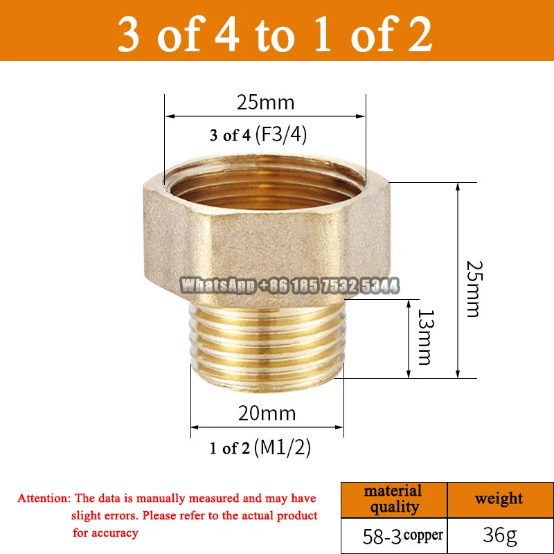 Brass Hex Reducer Joint 1/2 3/4 1 Inch BSP Female to Male Thread Pipe Faucet Connector M/F Garden Water Pipr Bushing Fittings