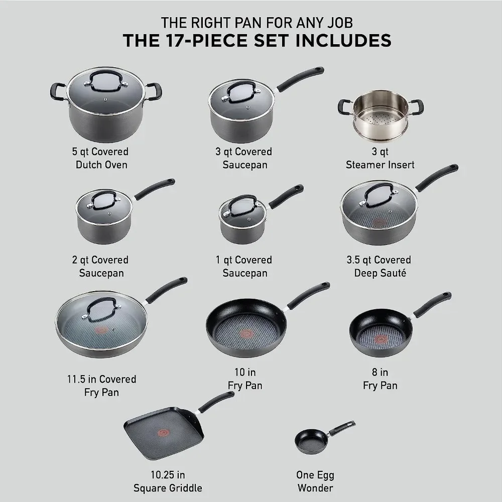 Ultimate Hard Anodized Nonstick Cookware Set 17 Piece Oven Safe 400F, Lid Safe 350F Pots and Pans, Dishwasher Safe Black