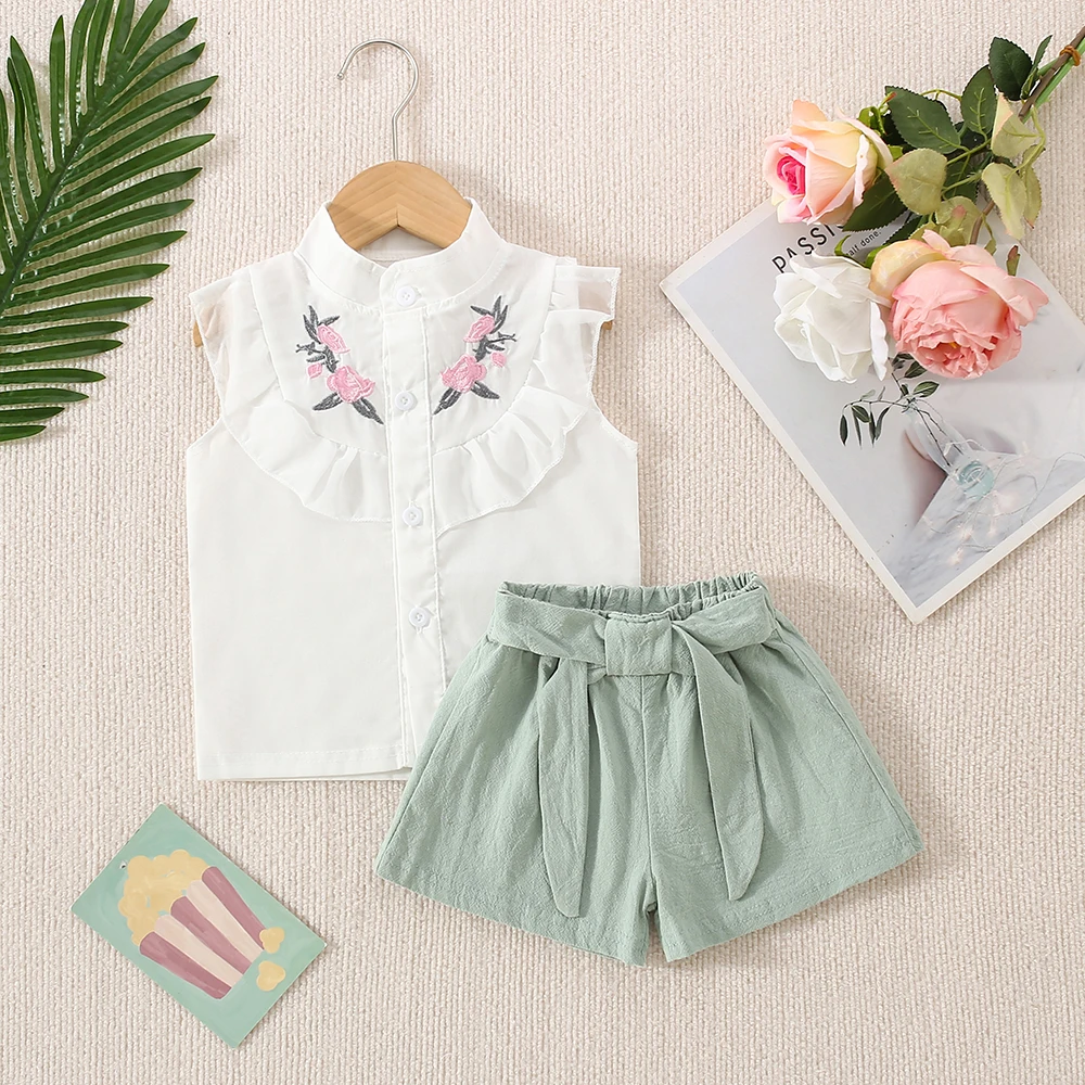 Summer New Girls\' Two-Piece Set Lace Flower Embroidery Bow Two-Piece Set Loose Casual Two-Piece Shorts