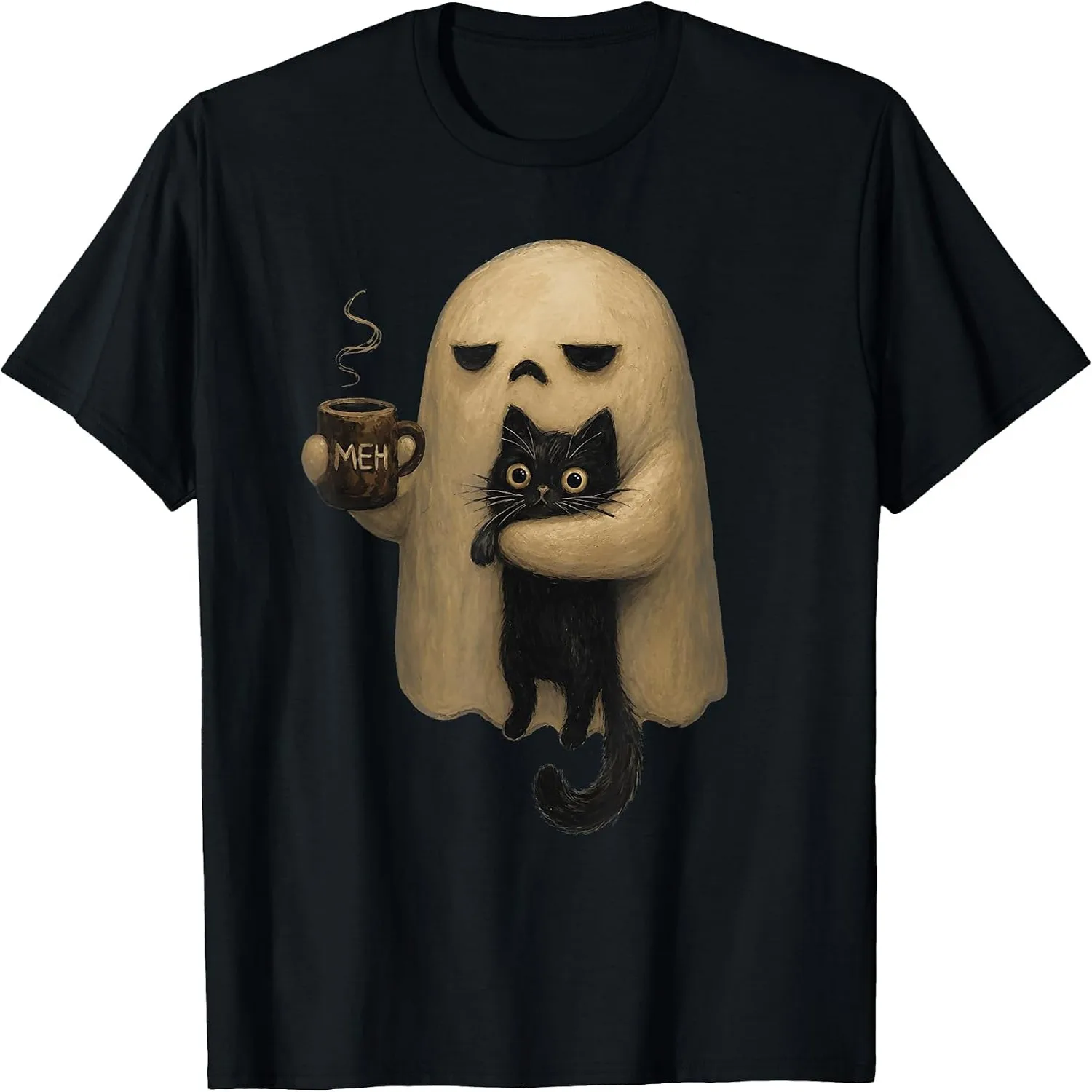 Spooky Ghost Holding Black Cat Coffee Lover Funny Halloween T-Shirt