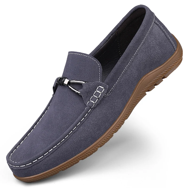 

Men's Suede Leather Loafers, Driving Moccasins, Slip-On Casual Shoes with Metal Buckle Detail, Brown, Blue, Khaki