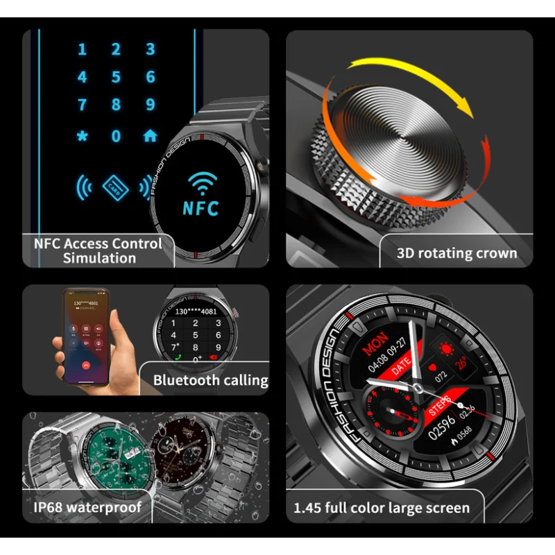 Nieuwe H4 Max Smart Watch Heren 1.45-Inch Bluetooth Call Offline Betaling Nfc Bericht Herinnering Muziek Sport Multifunctionele Smartwatch