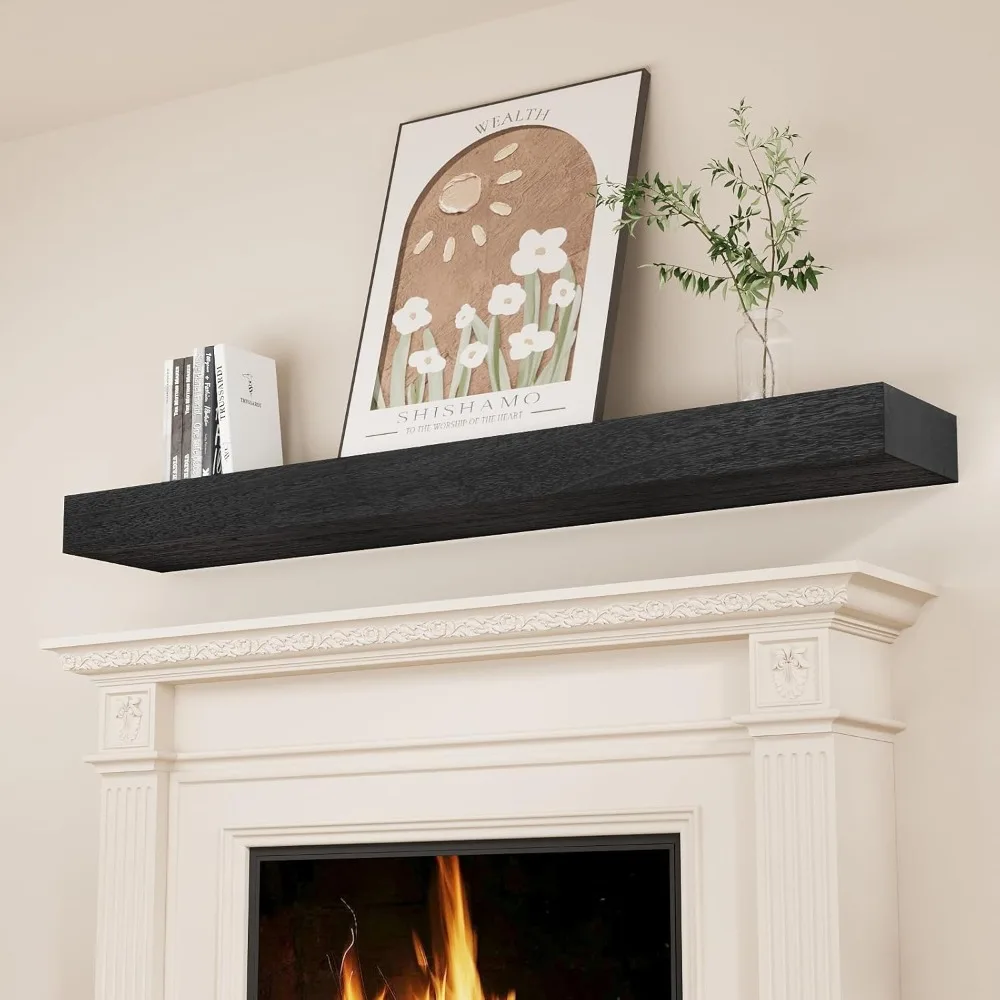 Fireplace Mantel Shelves 60 Inch Solid Wood Wall Mounted Long Floating Shelf Hollow, Black