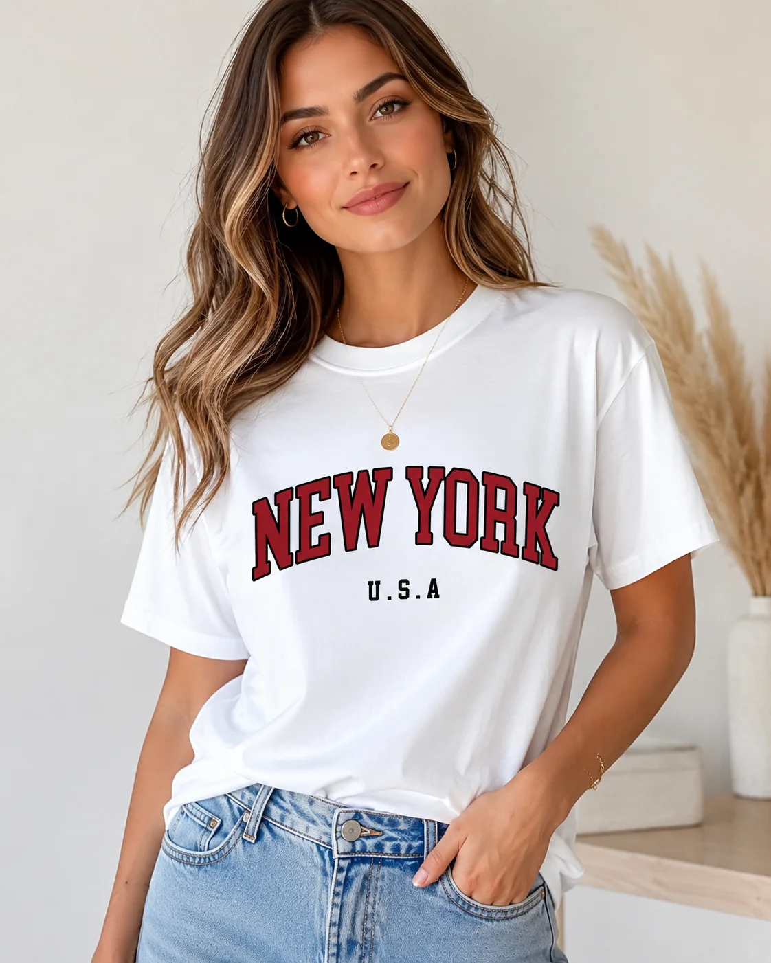 New York-Style Printed Womens Crew-Neck T-Shirt Casual Short-Sleeve Soft and Cute Fashionable Top Los Angeles-Style Letter Print
