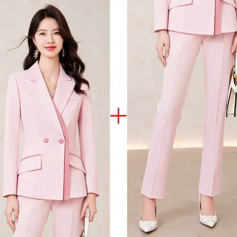 2025 dames Blazer et pantalon costume mode rose blanc Blazer femmes bureau affaires travail veste manteau pantalon femme 2 pièces ensemble