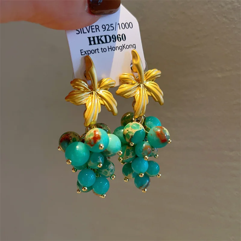 Personality turquoise grape string earrings women's vintage French coutry style fruit stud earrings summer holiday jewelry