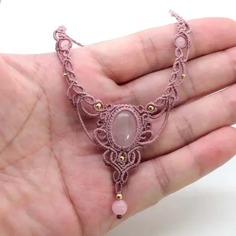 Handmade Braided Macrame Rose Quartz Crystal Stone Pendant Necklace For Women Natural Pink Quartz Weave Adjustable Man Jewellery