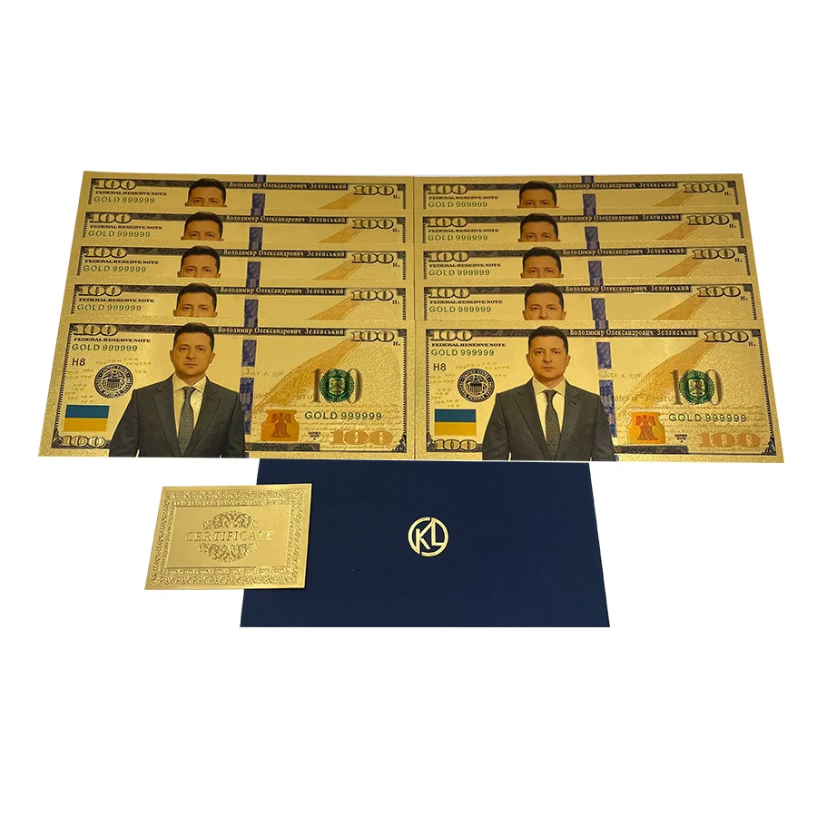 

10 pcs Zelensky gold plastic banknote Ukrainian President Souvenir Cards Army Collectible Gifts