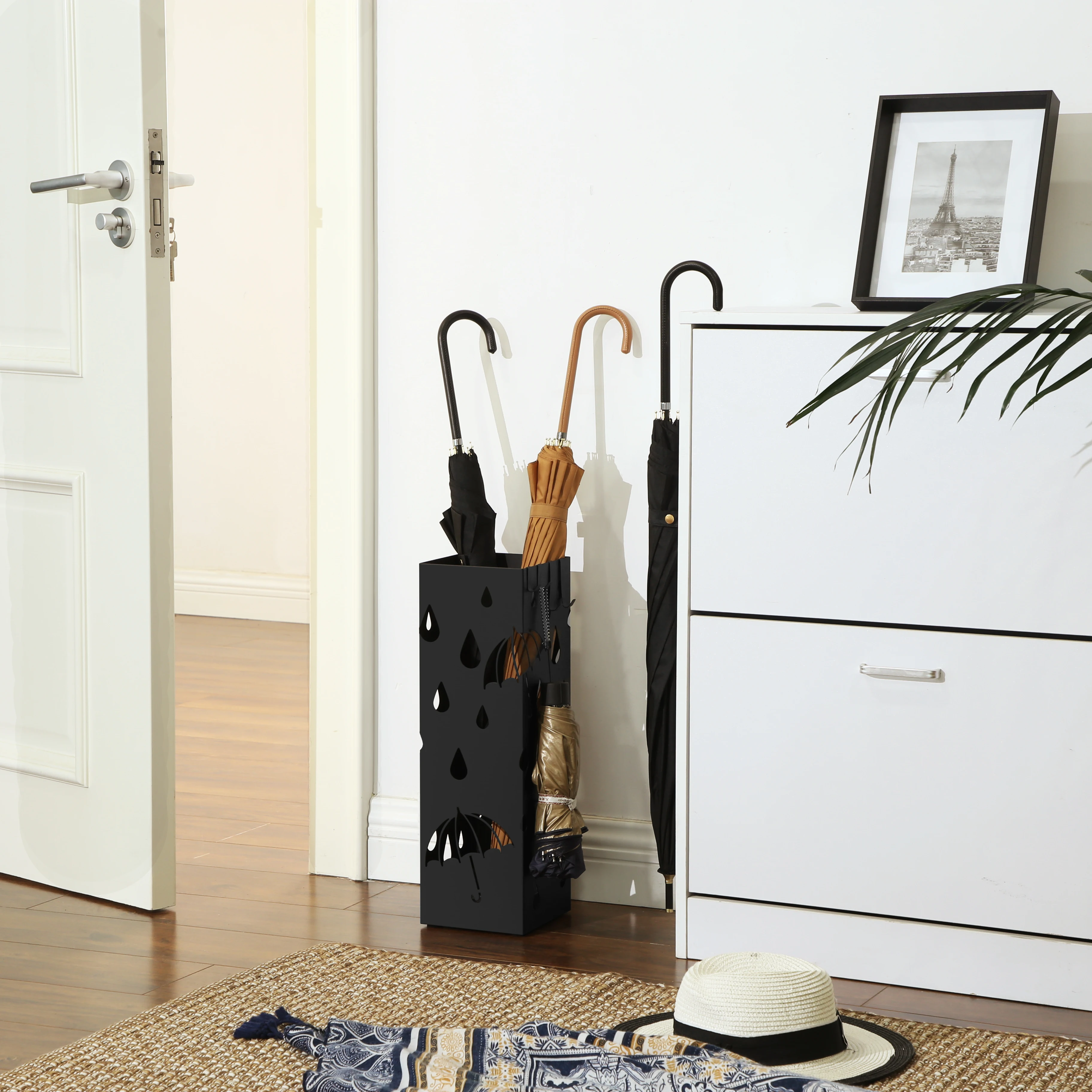 SONGMICS Umbrella Stand, Umbrella Holder for Entryway, with a Detachable Water Drip Tray, 4 Hooks