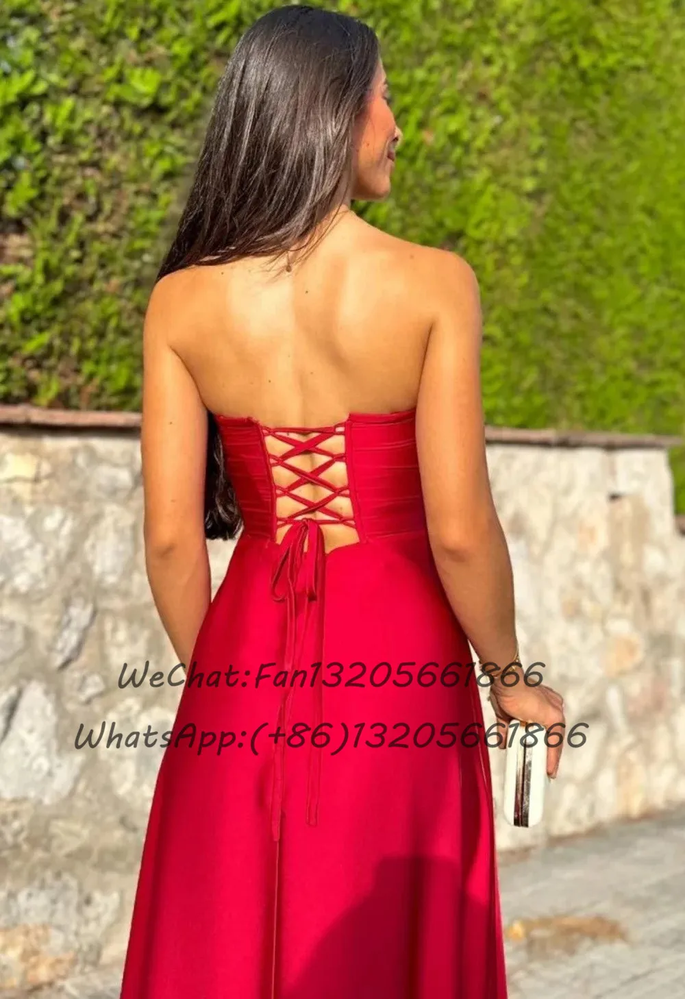 Strapless Sweetheart Neck Prom Dresses Red Satin Long A Line Backless Slit Sleeveless Evening Dress For Women Wedding Guest Gown