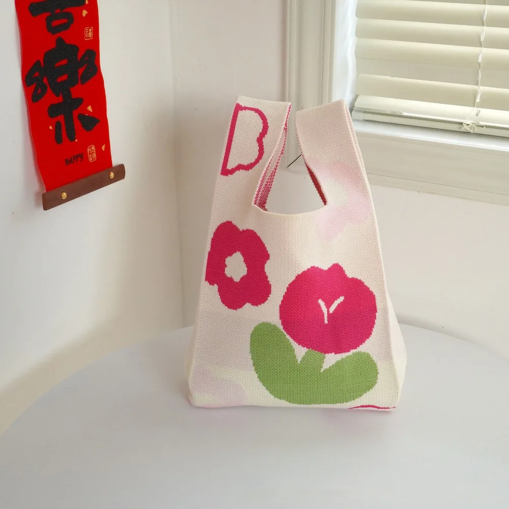 

Casual Flower Print Knitted Wrist Bag Large Capacity Handmade Knot Handbag Reusable Shopping Bags