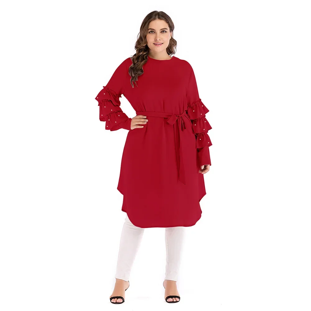 Slim Lace-up Dress for Women Multi-layered Long Sleeve Beaded Abaya Dubai Abayas Islamic Clothes Casual Arab Evening Party Dress