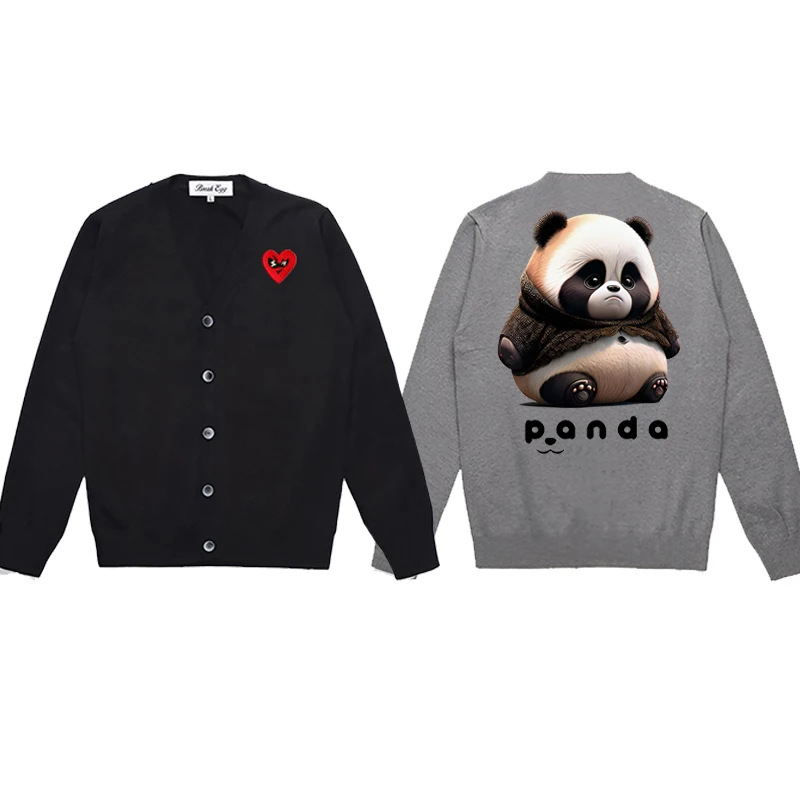 Fat Panda Cartoon Animal Print Men Cardigan Cotton Red Cute Glasses Heart Embroidery V-Neck Single Breasted Autumn Fit Sweater