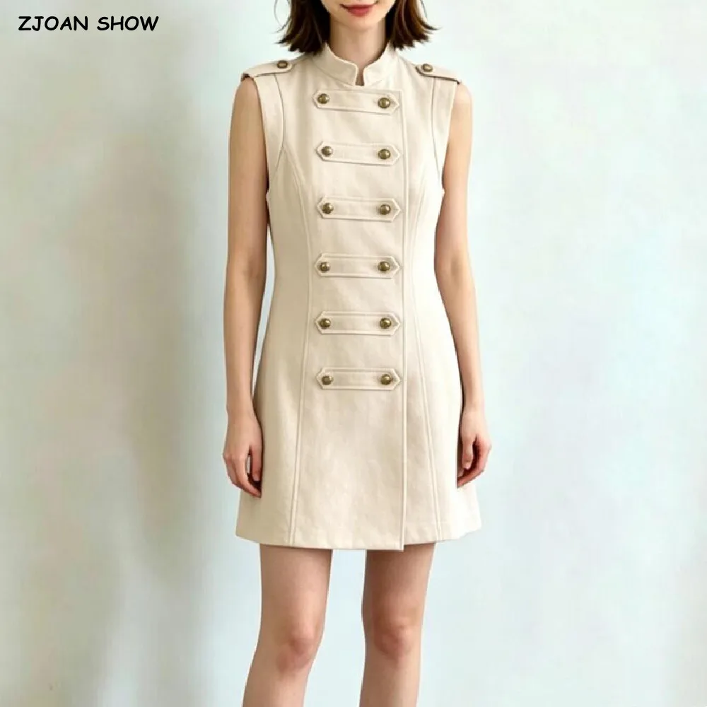 

CHIC Women Apricot Stand Collar Linen Sleeveless Dress Front Rope Metal Buttons Slim Waist A lined Short Dresses Robe Summer